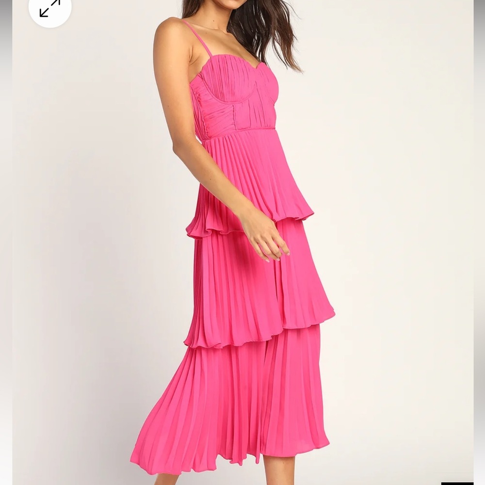Lulus Cascading Crush Hot Pink Tiered Bustier Midi Dress - Picture 3 of 15